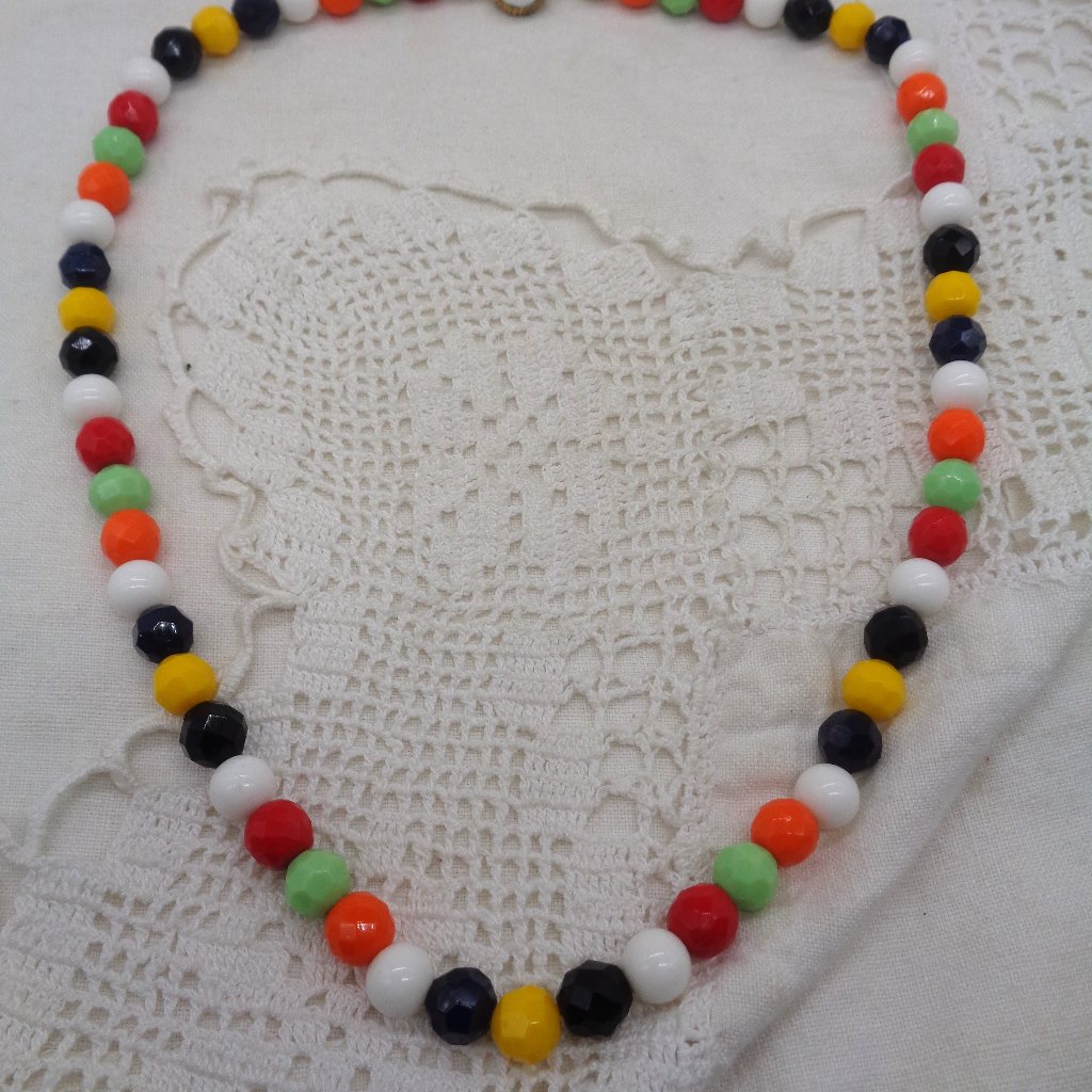 Vintage Multicolor Fire Polished Czech Glass Faceted Opaque Bead Necklace